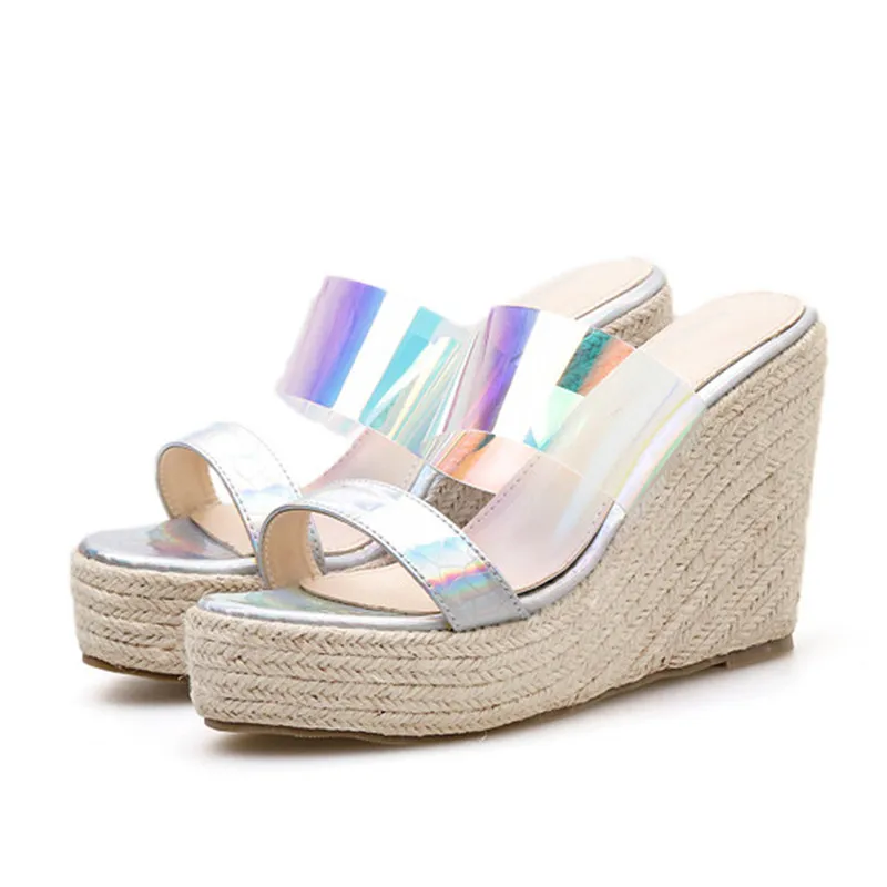 

New Brand Silver Platform Sandals Women High Heels Fashion Wedge Slides Ladies Shoes For Summer