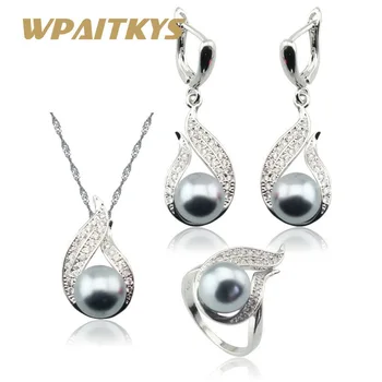 

Silver Color Jewelry Sets Gray Simulated-Pearl White CZ For Women Necklace Pendant Long Earrings Rings Free Gift Box
