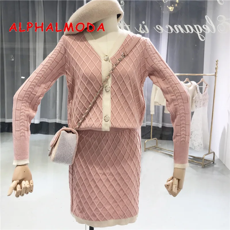

ALPHALMODA Autumn New Single Breasted V Collar Long Sleeved Knitted Cardigan + High Waist Skirt Women OL Casual Work Suits
