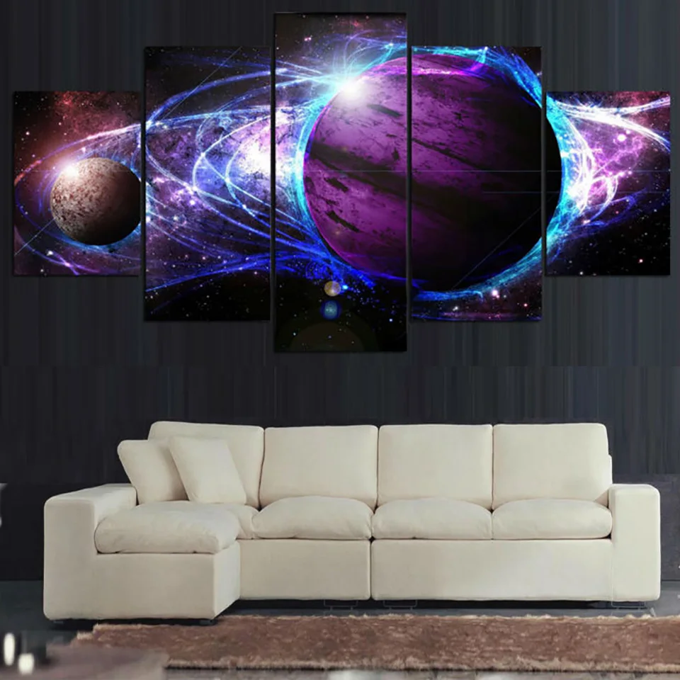 Для гостиной современный HD Печатный плакат картины 5 панель Космос фиолетовый галактика звезда стены Искусство домашний Декор Рамка холст живопись
