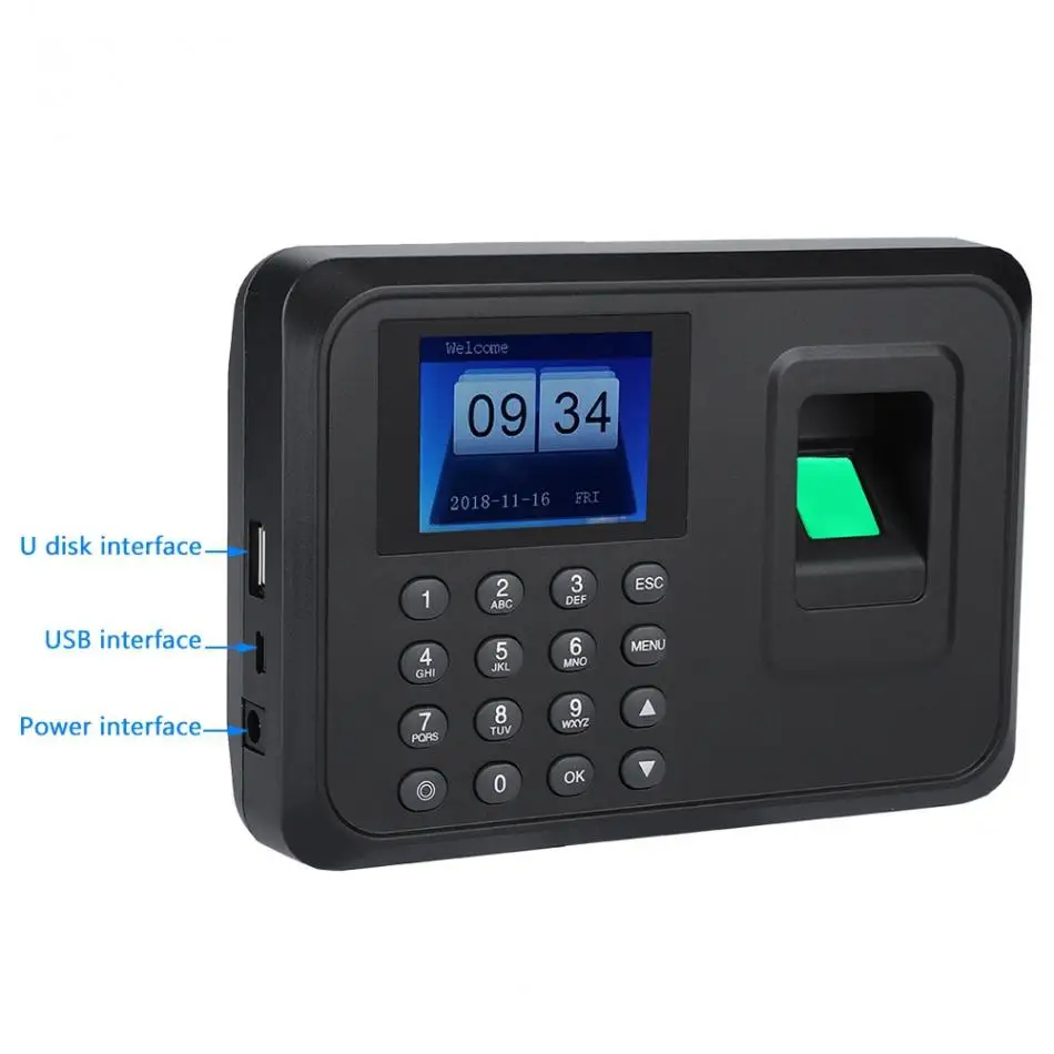 2,4 дюймов TFT lcd экран пароль отпечатка пальца время часы посещаемости машины рекордер поддержка USB флэш-накопитель, для скачивания 100-240 В