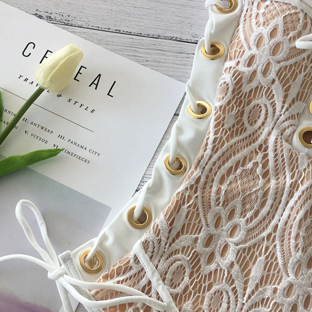 2019 Solid Lace Bandage One Pieces Swimsuit Lace Up Hollow Strap Swimwear Women Swimsuit Swim Suit Beachwear Maillot De Bain