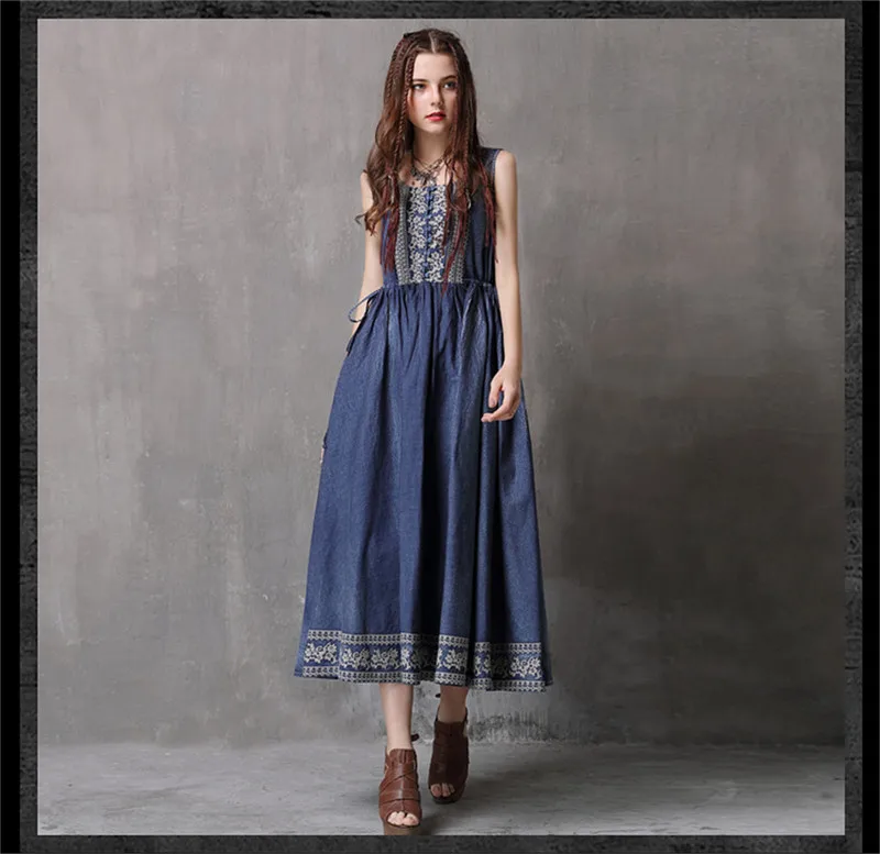 Vintage Summer Dress 2018 Cotton Women denim Dress Embroidery Dress Sleeveless  Tank Dresses O-Neck Floral Vestidos Femininos (12)