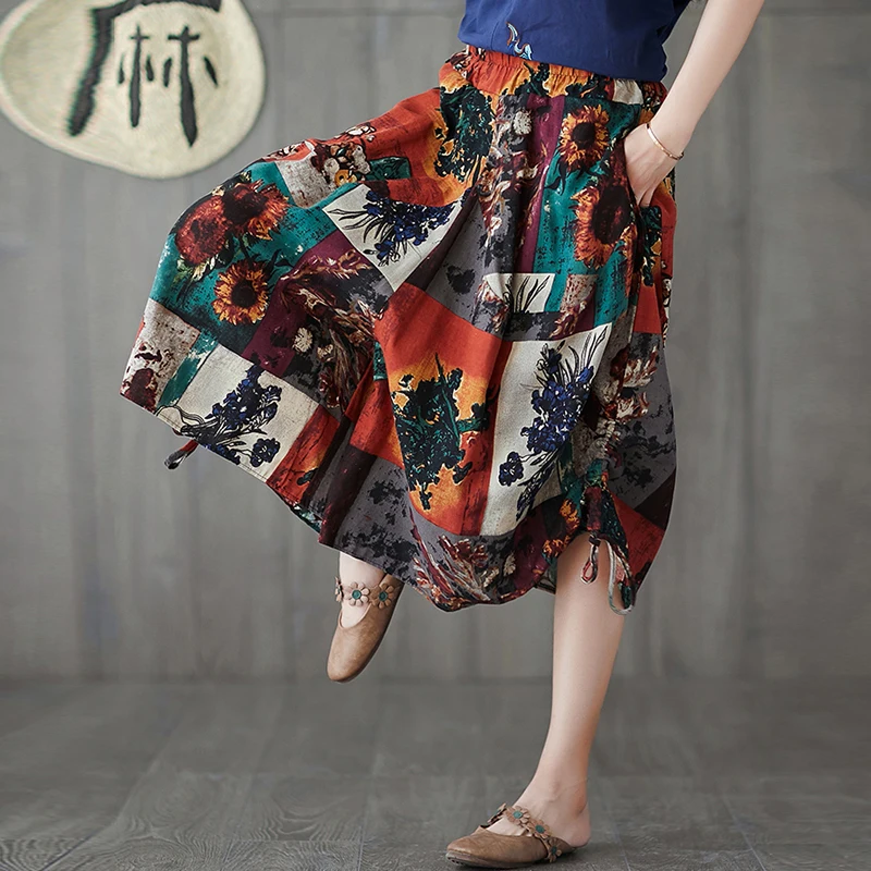 

EaseHut Ethnic Printed Cropped Pant Harajuku Loose Casual Baggy Pants Drawstring Hem Crop Lantern Trousers Wide Leg Harem Pants