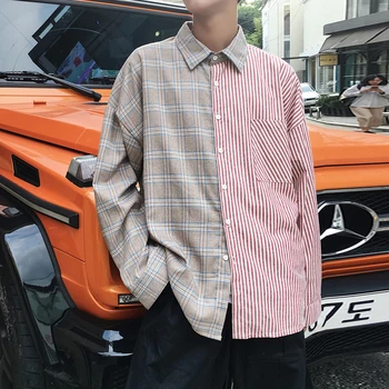 

Korean Long Sleeve Shirt Men Patchwork Social Japenese Streetwear Striped Plaid Casual Shirt Cotton Mens Clothing Dropshipping