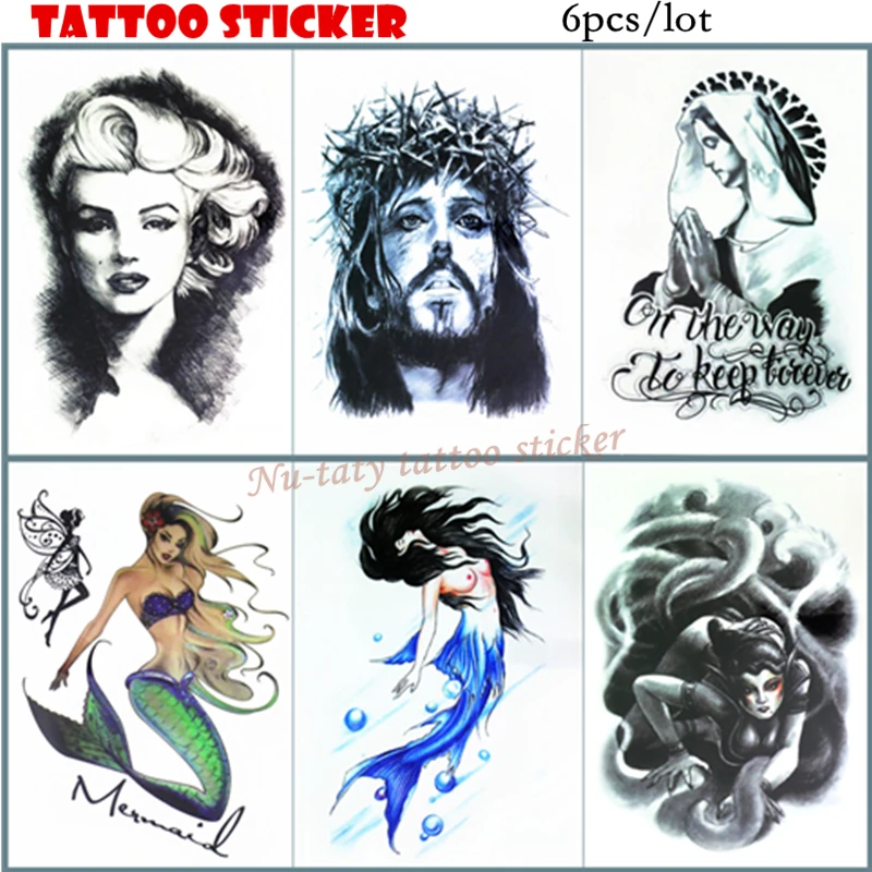 

Nu-TATY 6pcs/lot Jesus & Mermaid Temporary Tattoo Body Art Arm Flash Tattoo Stickers 12*20cm Waterproof Tatto Henna Fake Tatoo