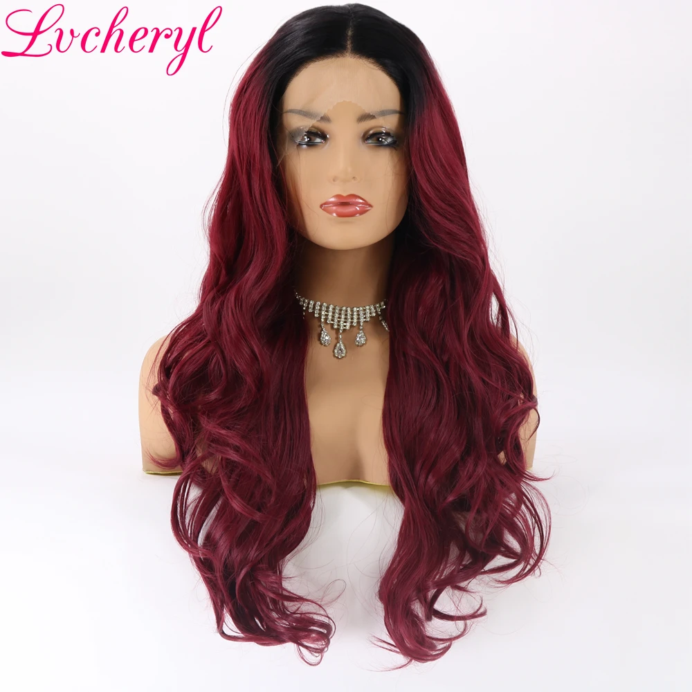 Lvcheryl Ombre Wine Red Black Roots Heat Resistant Fiber Hair Wigs