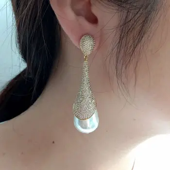 

2.4'' 16x25MM White Sea Shell Pearl CZ Pave Golden Plated Earrings