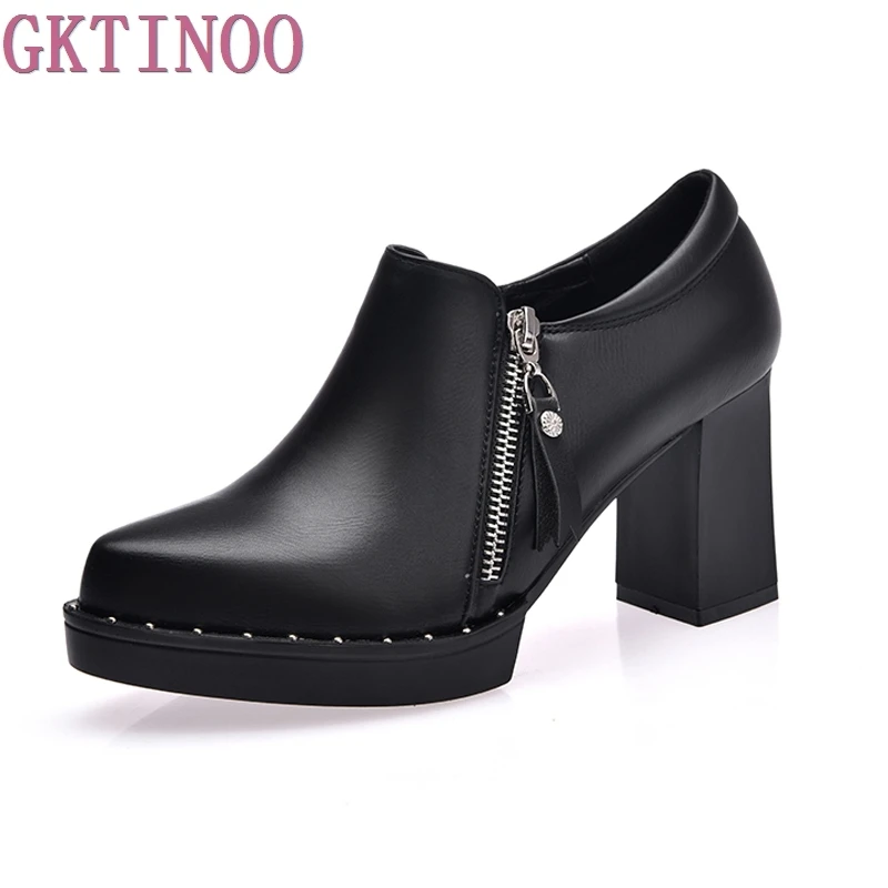 

2018 autumn thick heel genuine leather women's shoes female high heels rivet pointed toe pumps plus size 40 - 43