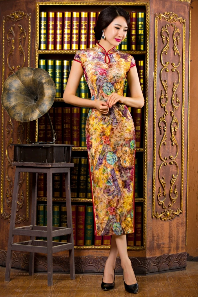 Шанхай история золото платье Чонсам винтажное платье Ципао cheongsam вечернее платье китайское традиционное бархатное платье