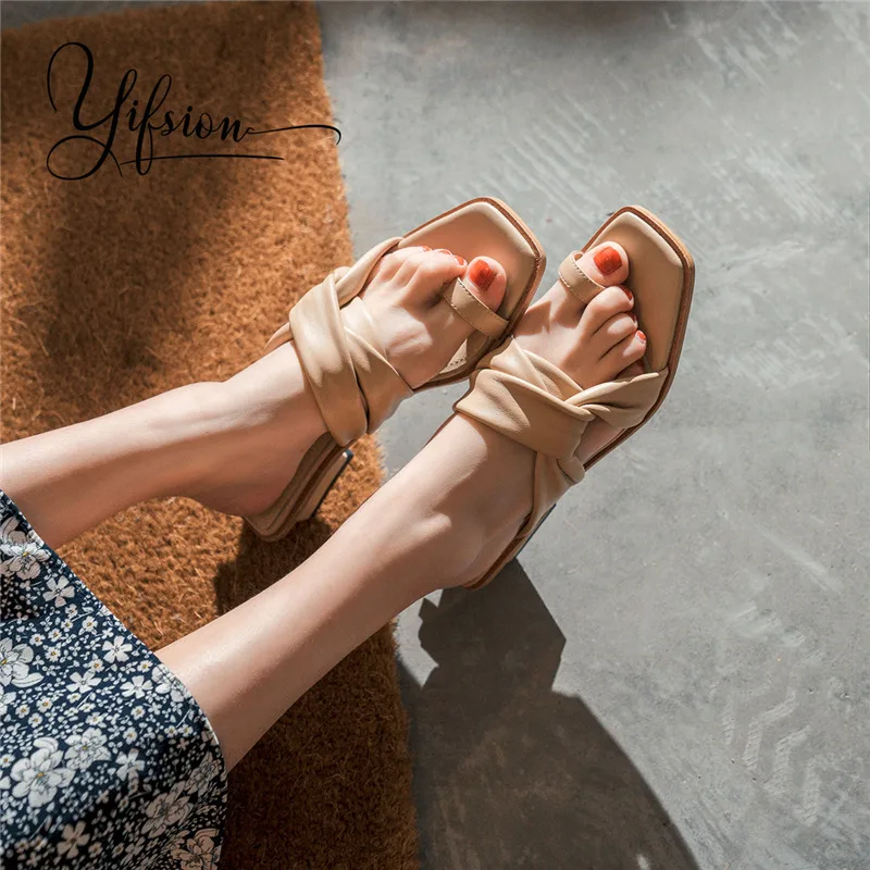 

OLOME New Spring Summer Genuine Leather Shoes Woman Slippers Square Toe Thick Mid Heel Women Shoes Slippers Mules Shoes Woman
