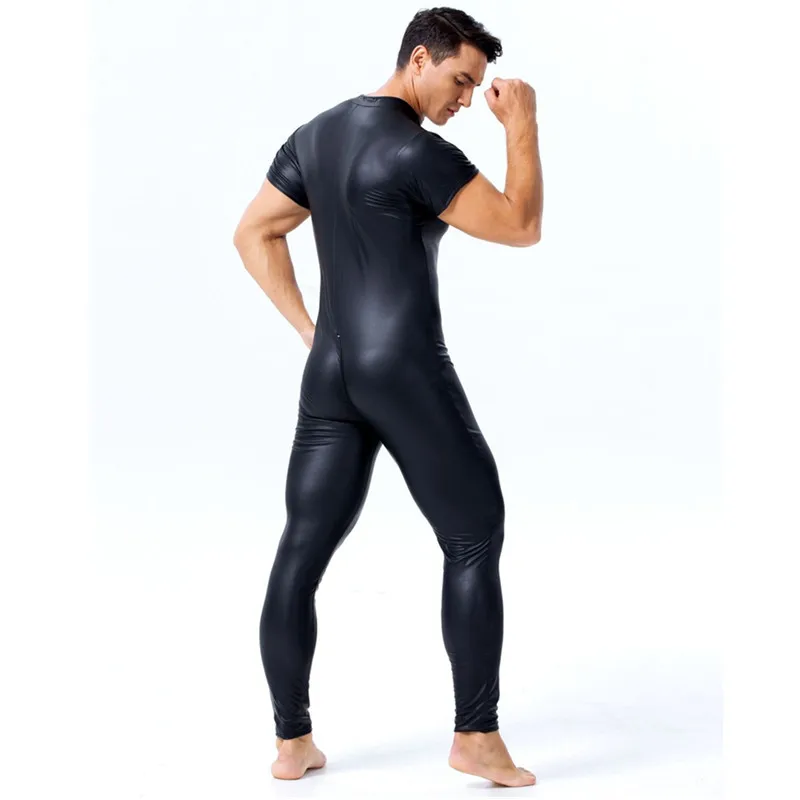 Men Sexy wetlook Faux Leather Catsuit PVC Latex Bodysuit Gay Zipper Open Crotch Clubwear fetish hot erotic Pole Dance Lingerie