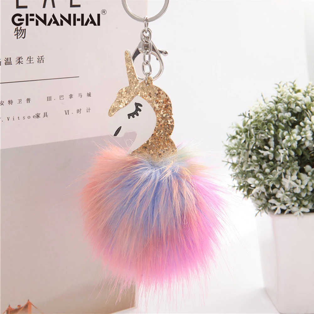 High Quality Anime Horse Toy Cute Metal Unicorn KeyChain Plush Toy Pendant Women Colorful hair ball Keyring Bag Hang Plush Toy