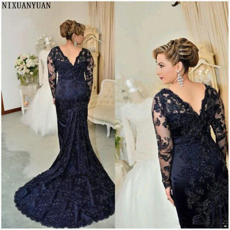 Long Sleeves Evening Dress Mermaid Applique Lace Women Lady Wear Prom Party Dress Formal Event Gown Mother of The Bride long evening gowns