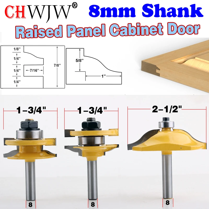  3PC 8mm Shank high quality Raised Panel Cabinet Door Router Bit Set - 3 Bit Ogee Woodworking cutter