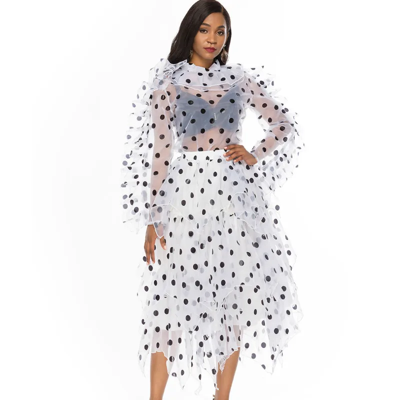 

Female New Polka Dot Two Piece Set Oganza Oversize Blouse Irregular Midi Skirt Set Plus Size 2 Womens 2020 Spring Summer Fashion