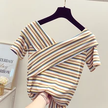 В полоску короткие v-образным вырезом Tumblr корейский Единорог Для женщин Лето Стиль V воротник льда, рукавами, нерегулярные