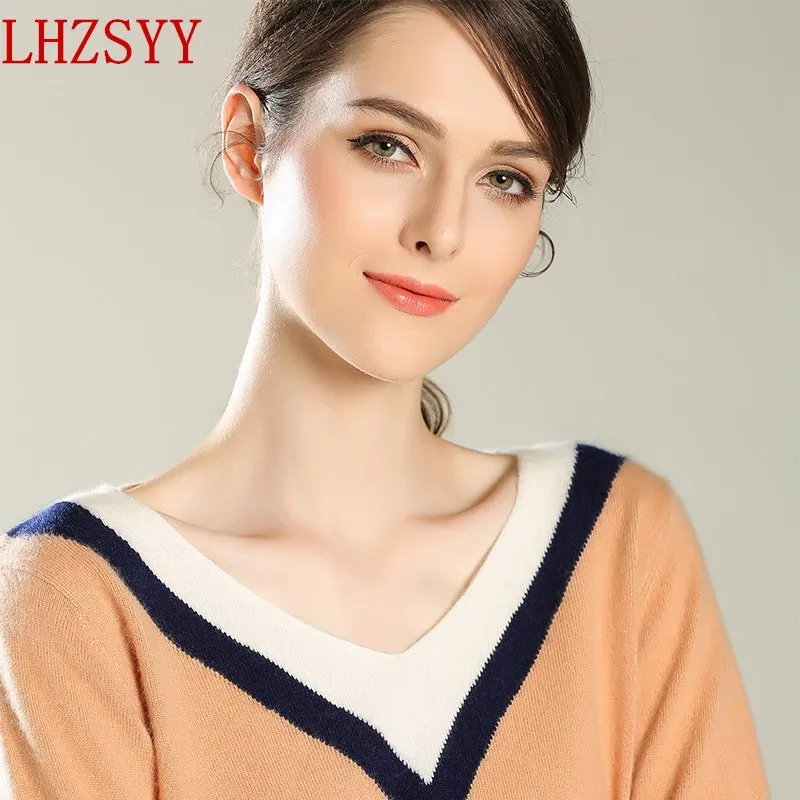 

2017 Hot Female large V word hit color Pure Cashmere Sweater round Neck sets of solid color Sweater was thin loose long-sleeved