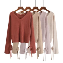 6 Solid Color Crop Sweater Knitted Korean V Neck Loose Short Sweater Women Autumn Lace-up Long Sleeve Ladies Sweaters Pullover 6 Solid Color Crop Sweater Knitted Korean V Neck Loose Short Sweater Women Autumn Lace-up Long Sleeve Ladies Sweaters Pullover