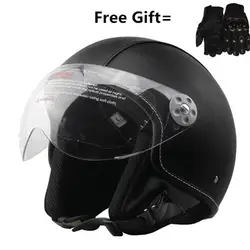 Черные кожаные мотоциклетный шлем Ретро Винтаж кожа Casco Moto Cruiser ТЯПКИ самокат Кафе Racer 3/4 открыть шлем DOT