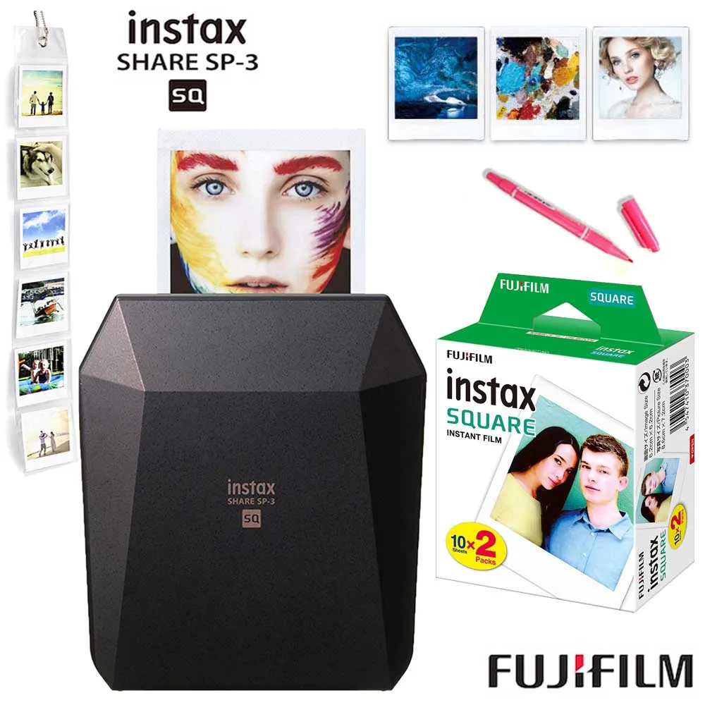 Fujifilm Instax Share SP-3 мобильный принтер моментальные SQ принтеры черный/белый+ 20 листов Instax квадратная пленка+ Чехол-сумка+ настенный альбом - Цвет: Black