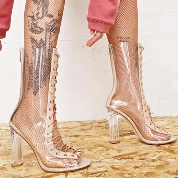 

Nice European cross-strap Transparent Fish Mouth Crystal With Shooting Transparent Boots Peep Summer Shoes Sandals Heel Pumps