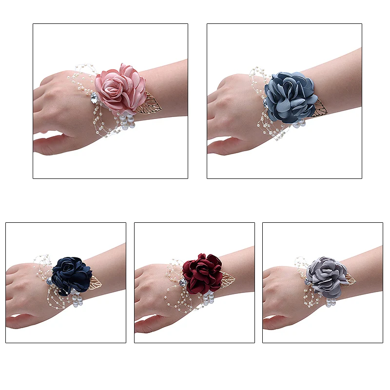 

Cute Prom Cloth Rose Flower Party Wrist Flower WeddingPink Bridesmaid Corsage Hand Flowers For Marriage Accessories