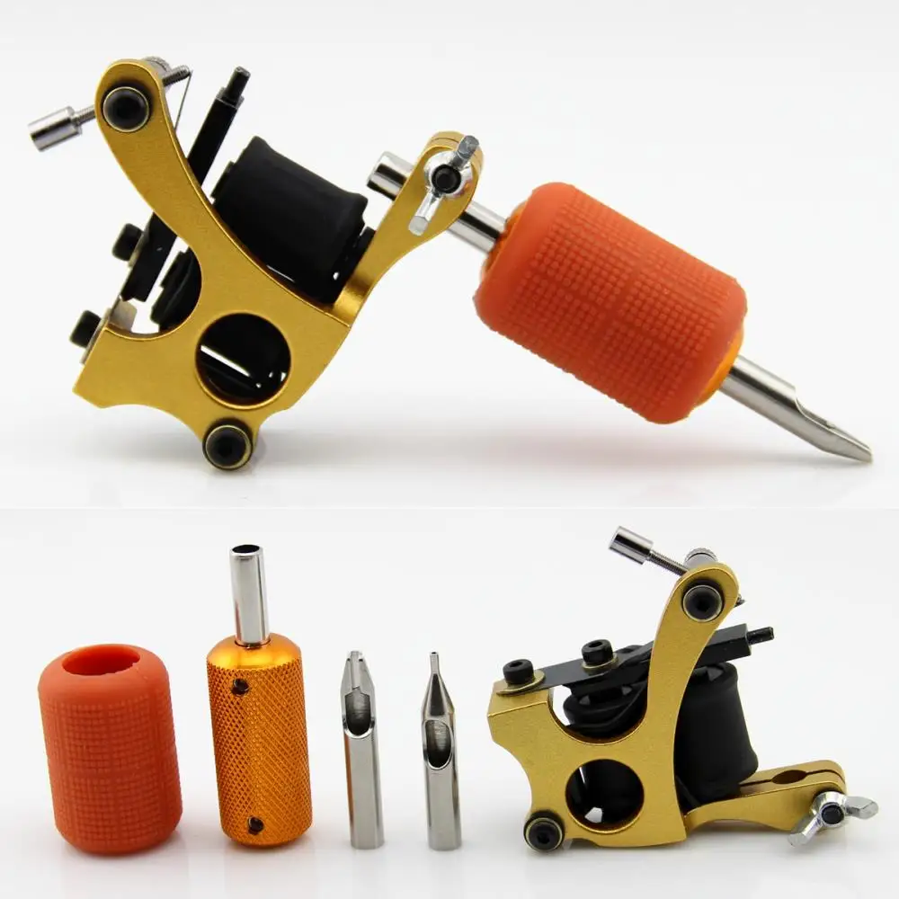 Golden Tattoo Machine Gun Kit Supplies Gold Alloy 10 Wrap Coils Non