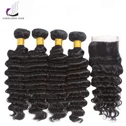 SHENLONG волосы перуанский глубокая волна-Реми человеческие волосы 100% 4bundles с закрытием кружева 5 шт. натуральный Цвет волос