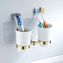 Luxury Bathroom Golden Polished Toothbrush Holder Solid Brass Base Dual Ceramics Cups Wall Mounted ZD875