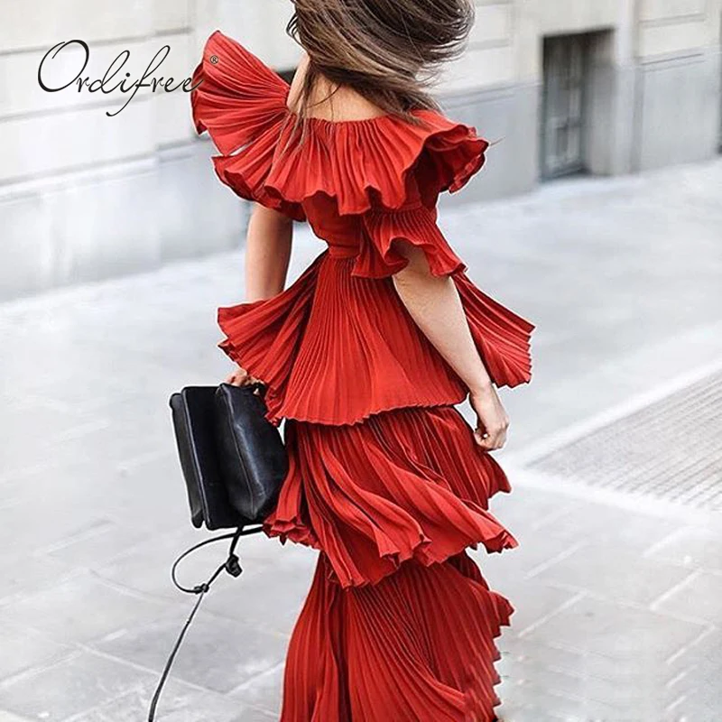 

Ordifree 2019 Summer Women Long Pleated Dress Elegant Slash Neck White Off Shoulder Sexy Maxi Tunic Beach Dress