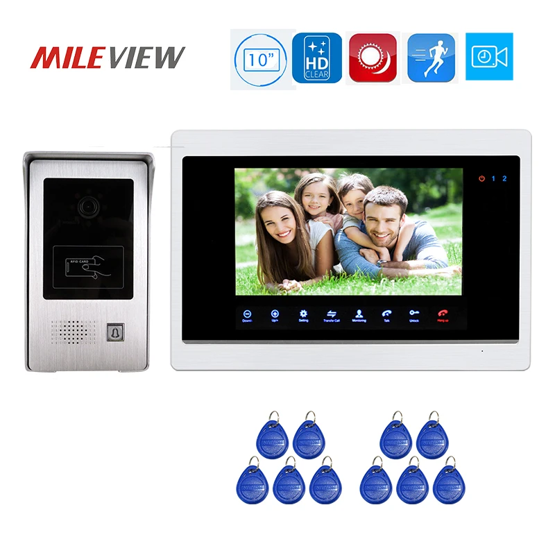 

Free Shipping 1200TVL 10" Touch Screen Video Door Phone Intercom Record Monitor Kit RFID Unlock Doorbell Camera Motion Detection