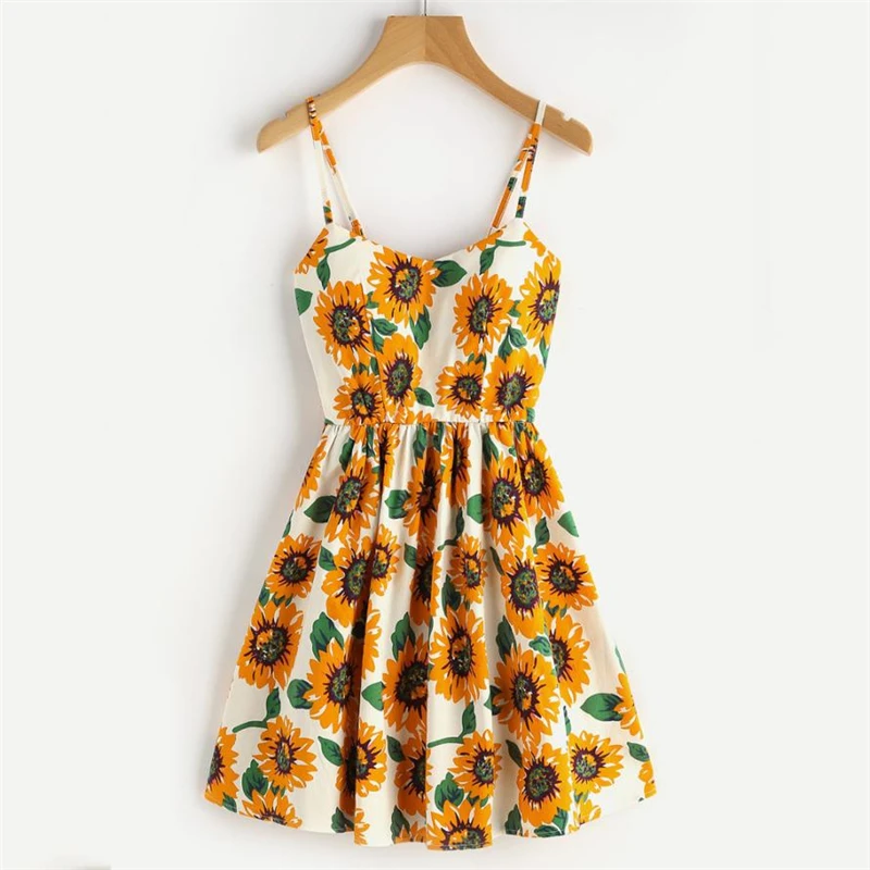 

2018 Summer Dress Sun Flower Fashion Womens Sleeveless V-Neck SunDress Ladies Floral Print Mini beach Yellow Dresses vestidos