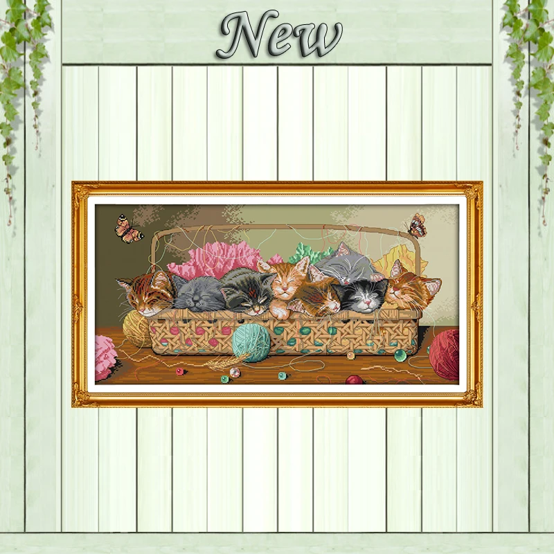 

Newborn kittens in the basket painting counted print on canvas DMC 11CT 14CT kits chinese Cross Stitch embroidery needlework Set