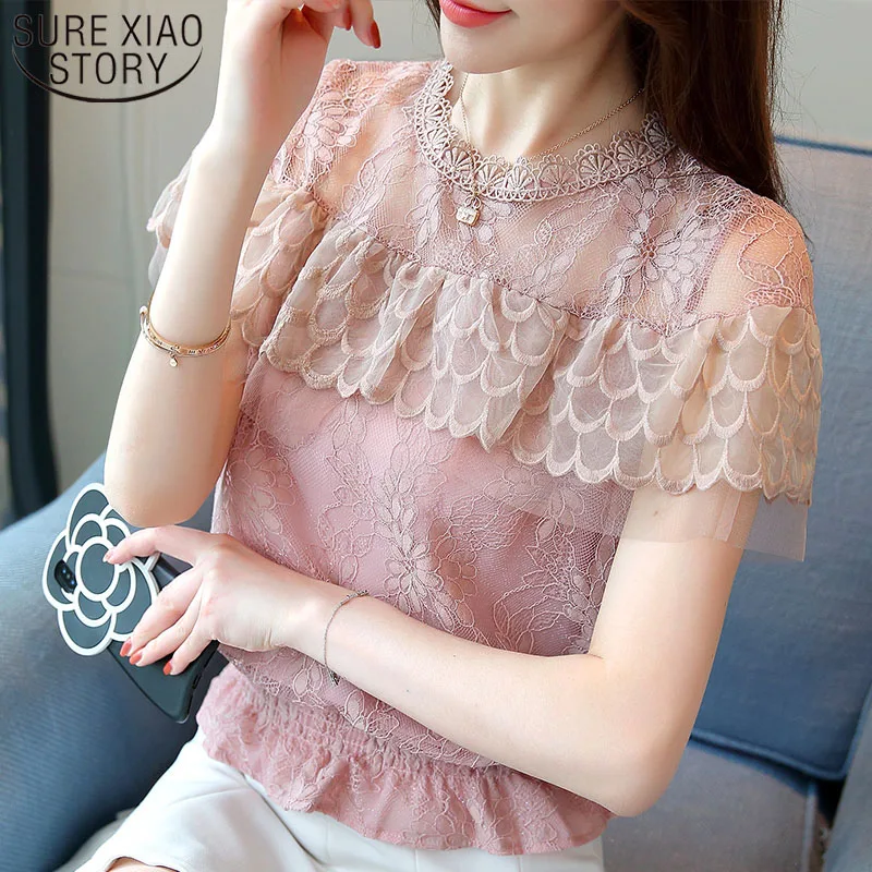 Womens Tops and Blouses Women's Shirts Summer Blouses 2019 Short Sleeve Ruffles Lace Women Blouse Shirt  Womens Clothing 3472 50