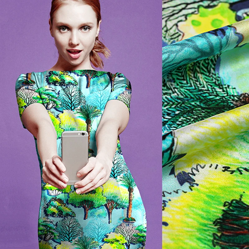 

108CM Wide 19MM Green Tree Print 94% Silk & 6% Spandex Strech Silk Satin Fabric for Women's Blouse Dress Clothing Cheongsam E741