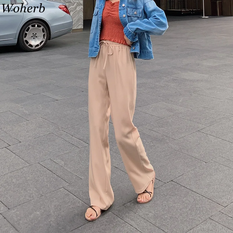 

Woherb Casual Solid Trousers Women Summer Loose High Waist Wide Leg Pants 2019 Loose Thin Chiffon Pant Pantalon Femme 22215