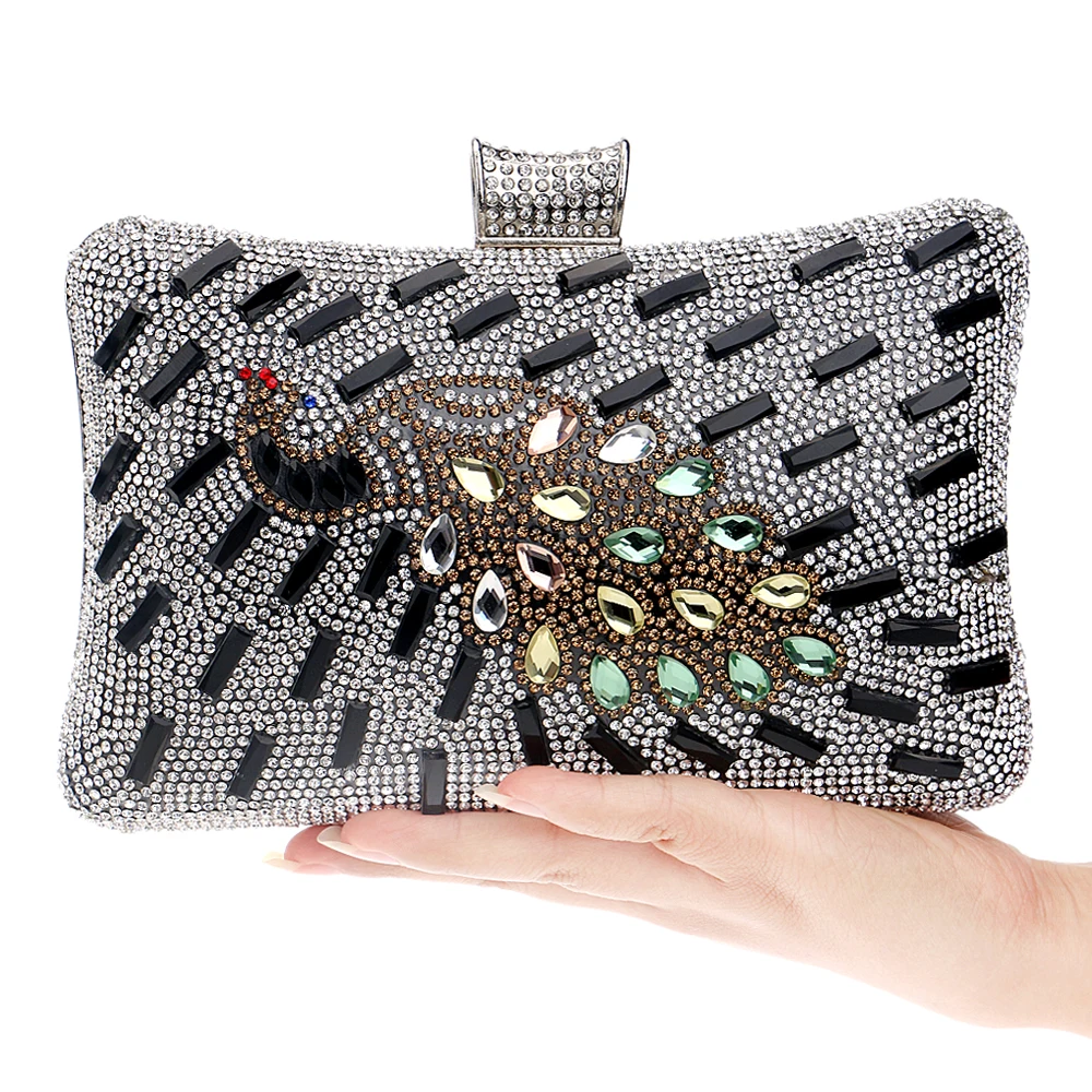 Oro/Plata/Negro Pavo Real Una Cara de Las Mujeres Bolsos de Embragues Del Día Bolsas Mensajero Bolso de Noche de Metal Bolsa