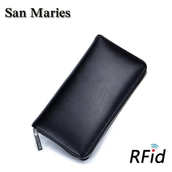 

San Maries Men's Wallet Cow Leather Credit Card Holder RFID Blocking Zipper Pocket New Large Capacity Phone Clutch Money Pouch