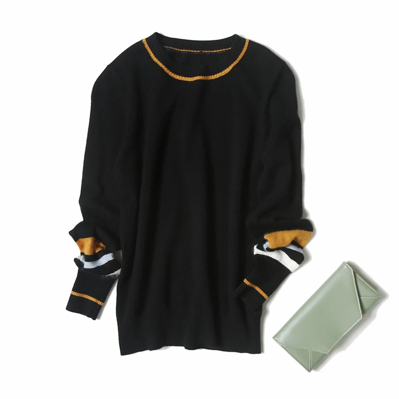 Veydu Fashion Women Spring Winter O-neck Long Sleeve Color Block Slim Casual Wool Pullover Knited Sweater Black Lady Jumper Tops | Женская