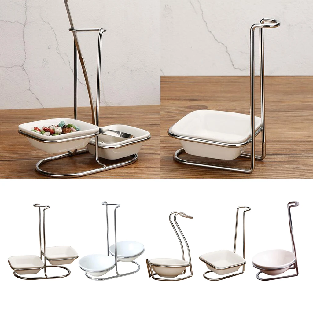 Modern Round Ceramic Bowl Ladle Stainless Steel Spoon Rest Holder with Polished Pot Clips Vertical Design Rack Kitchen Gadgets