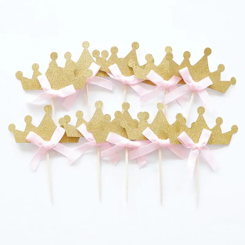 

10pcs/lot Gold Princess Crown Cupcake Topper Theme Cartoon Party Supplies Kids Boy Birthday Party Decorations