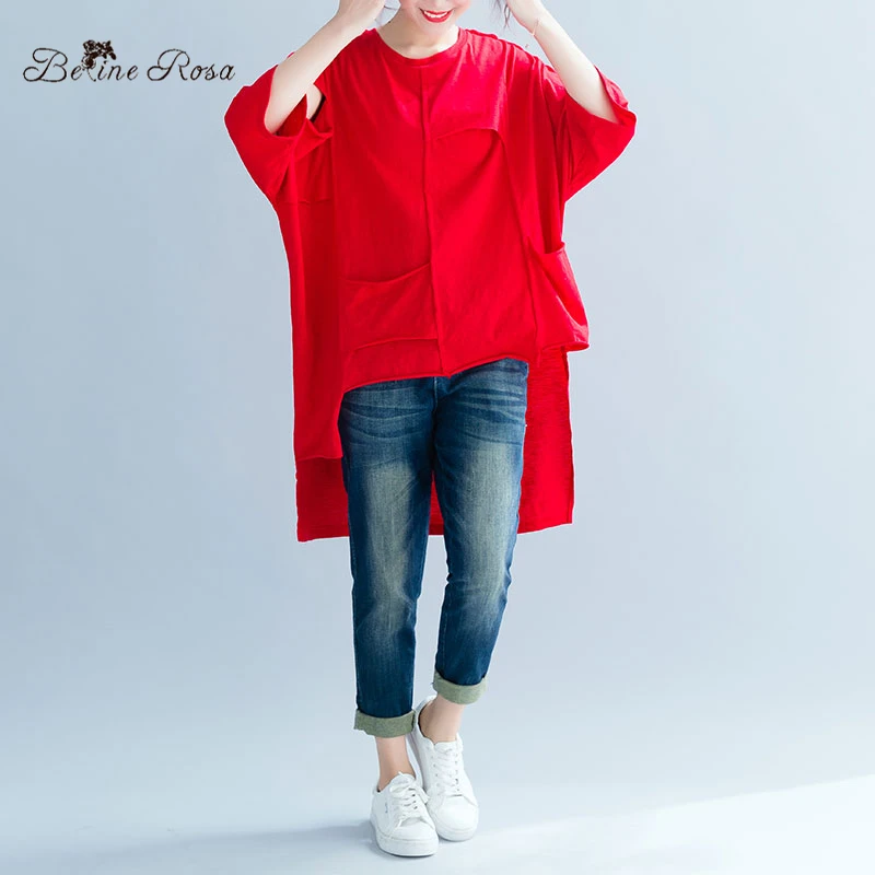 BelineRosa/женская одежда больших размеров; сезон весна-лето; большие размеры; красные модные дизайнерские футболки с вырезами; JJDM0046