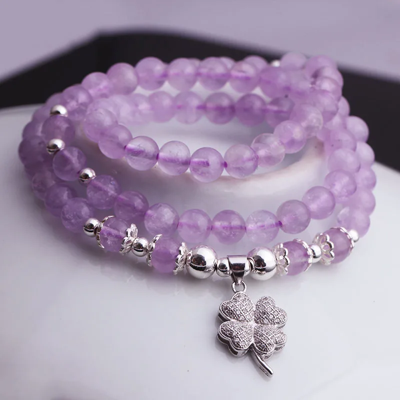 

Multi-layered Bracelet Natural Lavender Clover Bracelet with 925 Silver