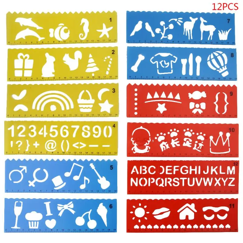 

12Pcs Kids Cartoon Drawing Molds Ruler Painting Stencils DIY Paper Art Craft Card Label Scrapbook Bookmark Educational Toy