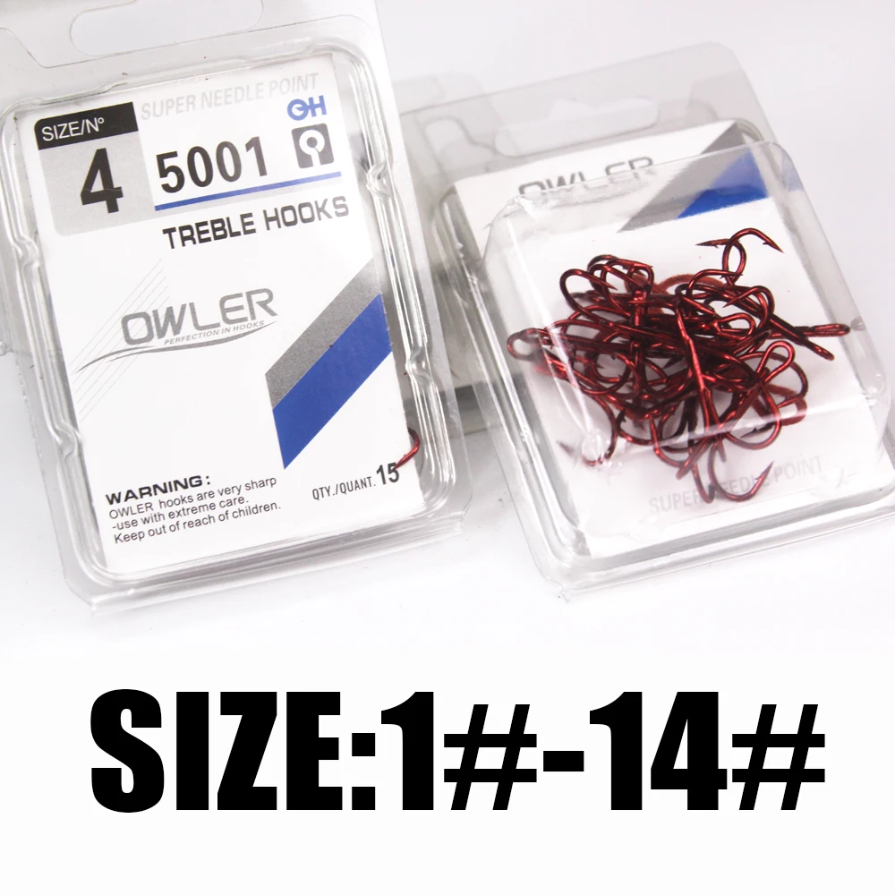 

15pcs/box 5001 red owner Treble Hooks Size 1/2/4/6/8/10/12/14# Carbon Steel Barbed Fishhooks Super Sharp Triple Hooks Sea
