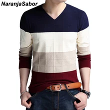 NaranjaSabor осень зима шерстяной пуловер для мужчин тонкий вязаный свитер с v-образным вырезом Мужская Повседневная модная полосатая Мужская брендовая одежда N533