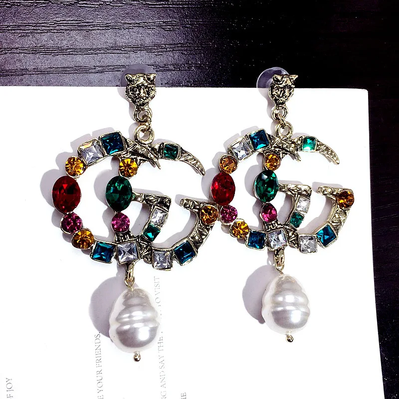 

Vintage Drop Earrings Letter Big Crystal Baroque Pearl Multicolor GG Boho Earrings Women Female Wedding Statement Jewelry