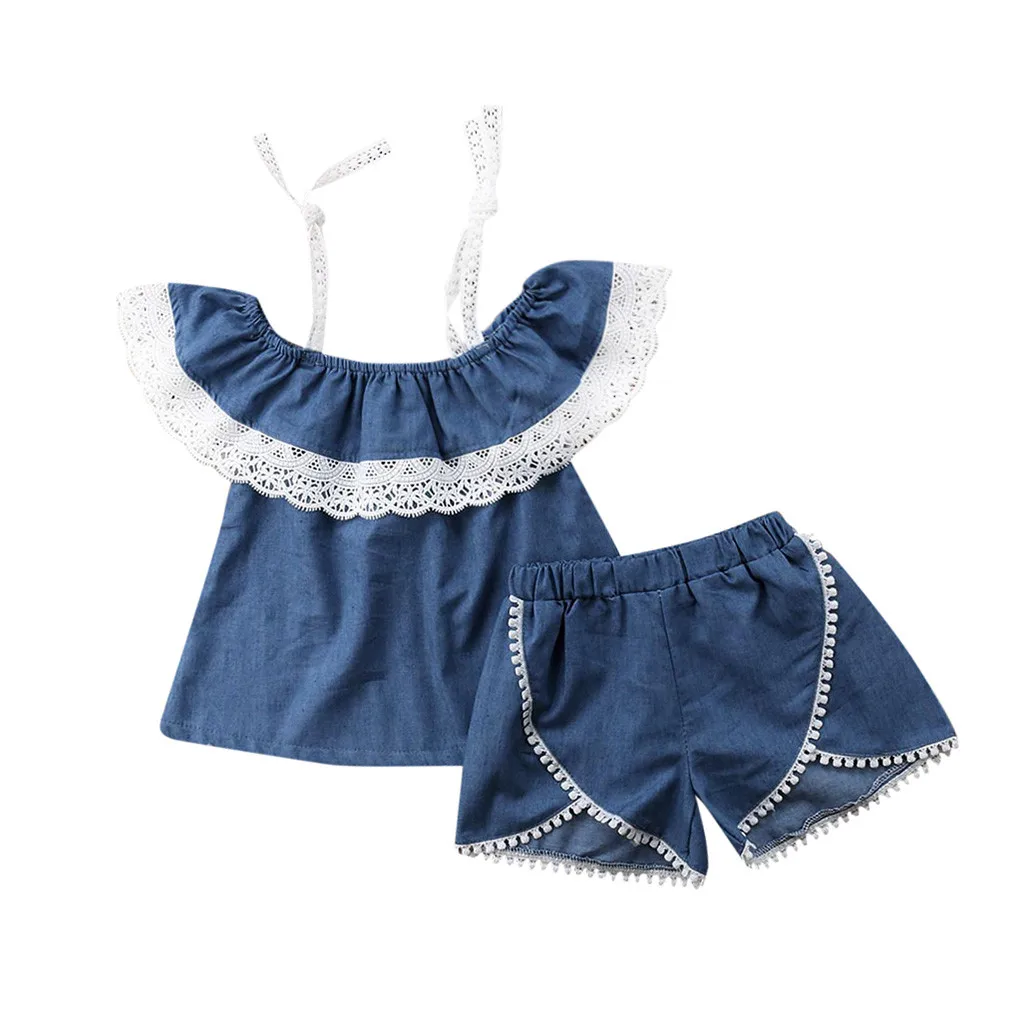

2019 Toddler Child Baby Girl Midsummer Beauty Off Shoulder Ruffles Lace Tops +Bebes Denim Shorts Outfits Sets Roupas De Menina