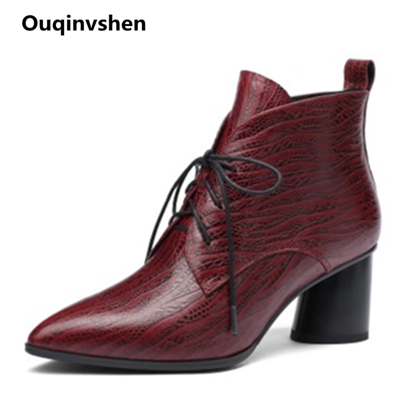 

Ouqinvshen Zipper Snake Print High Heels Boots Autumn Plus Size 42 Winter Elegant Lace Up Boots Pointed Toe Women Ankle Boots